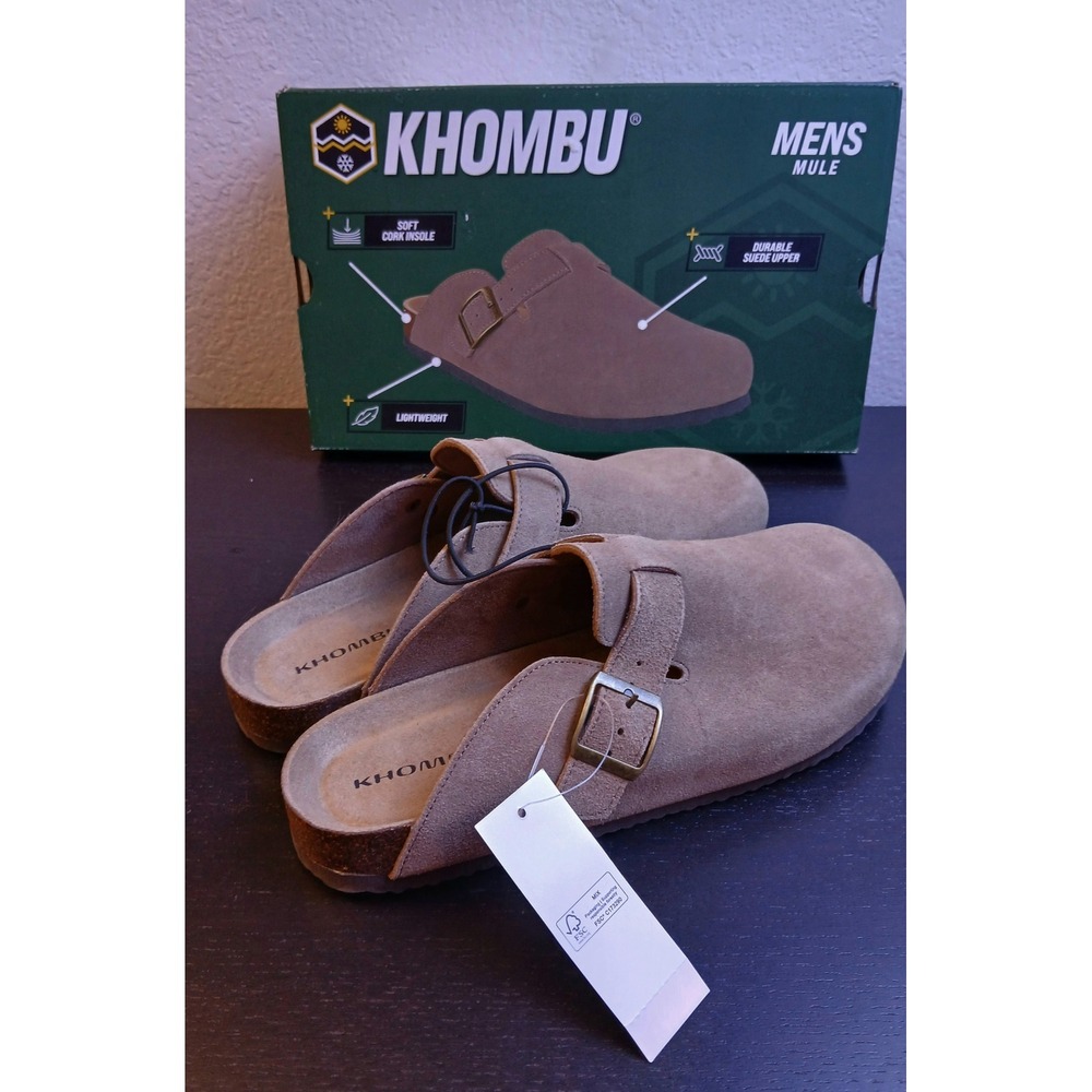 Khombu Mens Mule Suede Clogs Tan Taupe Cork Insole Slip On Shoes Size 9 NEW